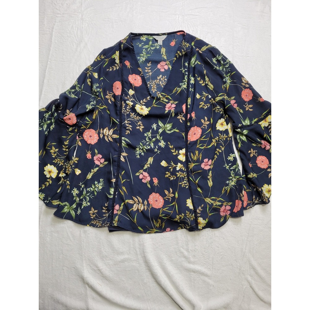Belle Sky Floral Blouse Women Large Navy Bell Sleeve V-Neck Boho Top